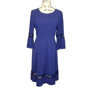 ModCloth Bell Sleeve Midi Dress Womens LG Blue Pockets Lace Eyelet Lined Classic